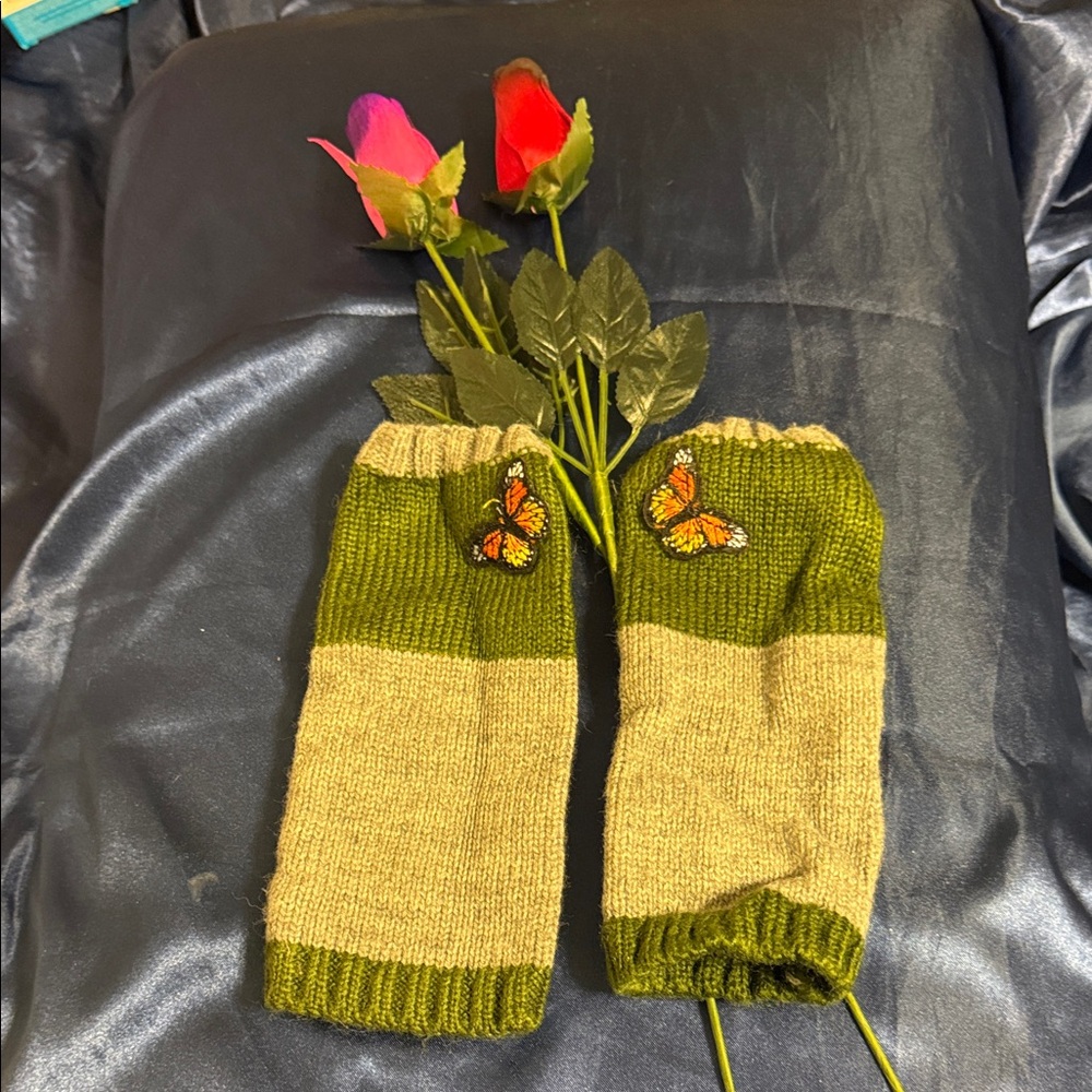 Green and Tan Knit Arm Warmers with Butterfly Detail